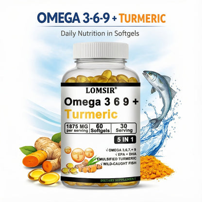 Omega 3-6-9 & Turmeric Softgels with DHA & EPA, Wild Fish Oil Blend, Emulsified Turmeric for Heart