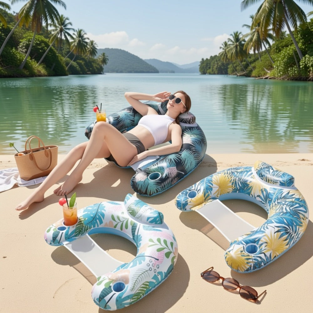 Striped Inflatable Pool Float for Adults – Heavy-Duty PVC Raft Lounge Chair with Cup Holders, Leak-Proof Design for Lake River Ocean Beach