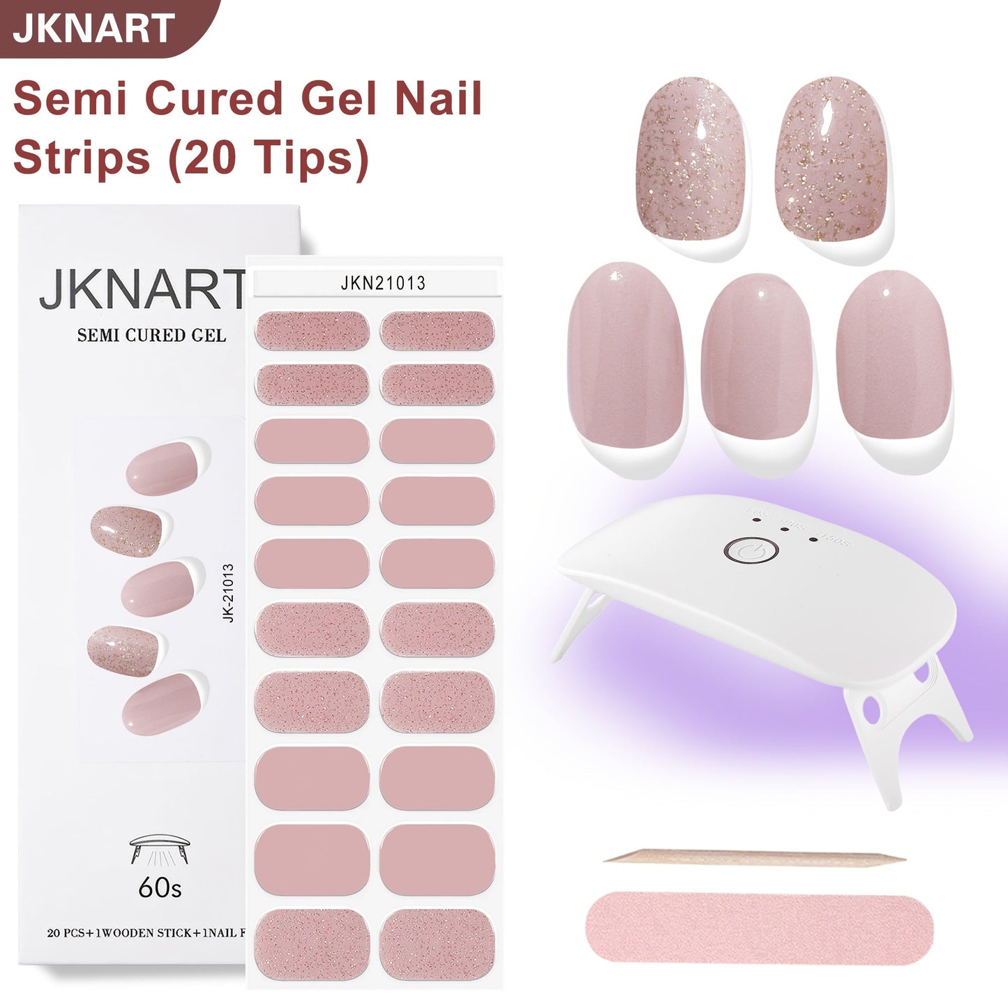 Gel Nail Art Kit Semi-Cured Nail Stickers 20 Designs with Portable UV Lamp Full Coverage Soft Gel Nail Patches Nude Nail Wraps for Women
