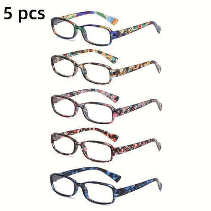 Reading Glasses 5-Pack Square Multicolor Printed Frames with Lens Design and 1.0x to 4.0x Options