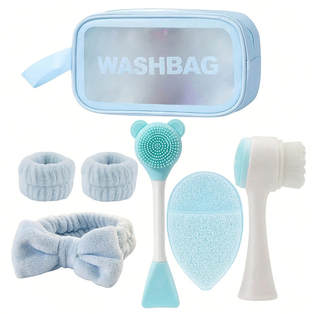 Face Cleansing Brush Set 7pcs Spa Skincare Kit – Mask Brush Scrub Brush Detailing Brush Velvet Headband & Wash Bag