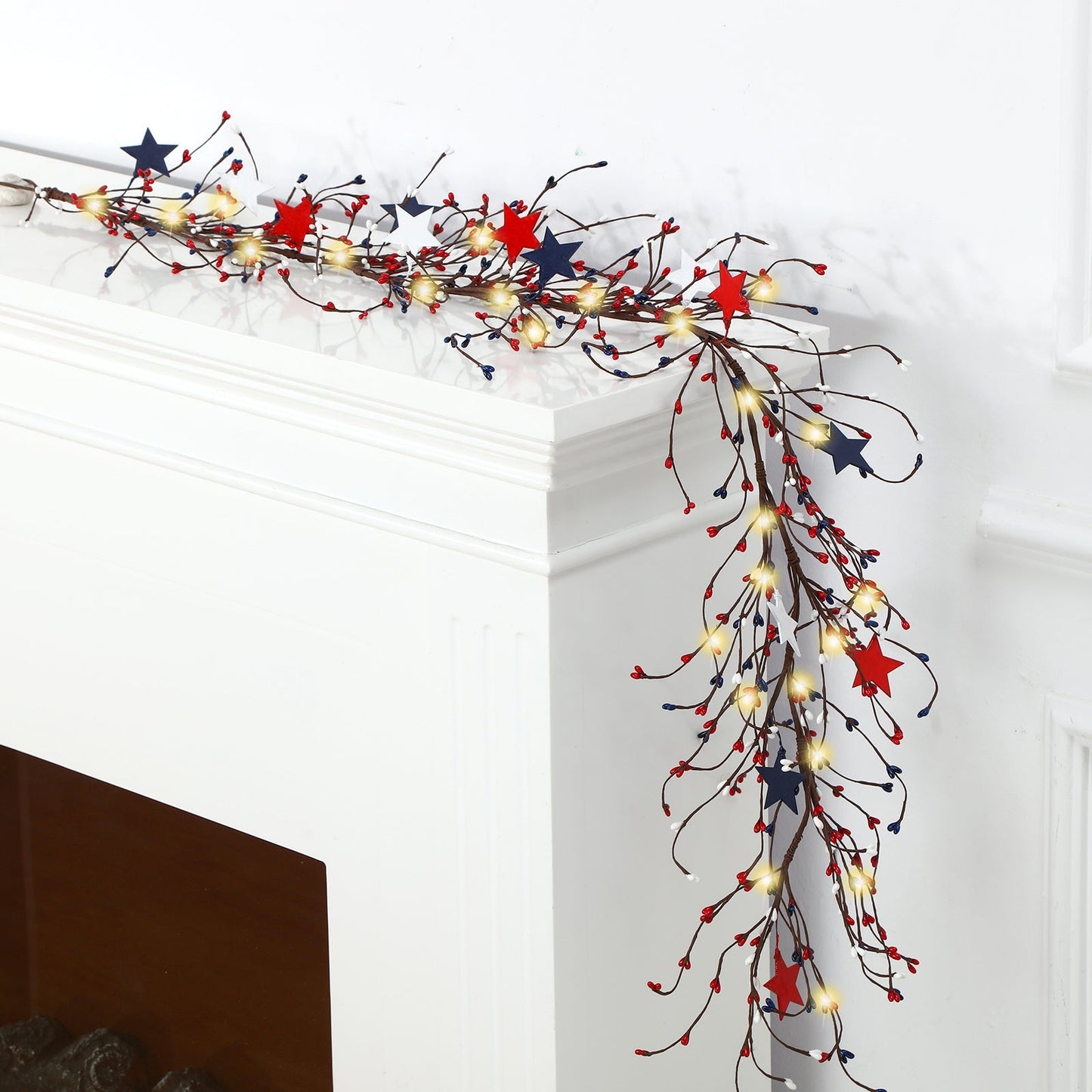 4th of July Garland with Fairy Lights 4.5Ft Patriotic Red White Blue Garland for Entryways, Bedrooms and Living Spaces