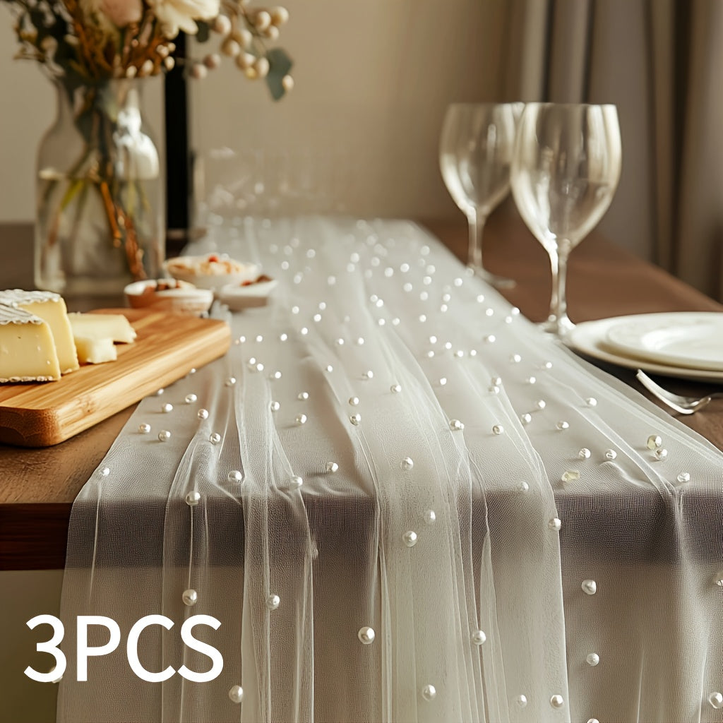 Three-Piece White Pearl-Beaded Tulle Table Runner Set, 2.5 x 9.8 Feet Each for Event Tables