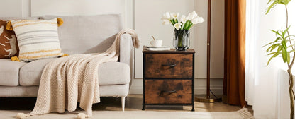 Nightstand with 2 Storage Drawers, 20" Bedside Table with Wooden Top & Fabric Cabinet, Steel Frame Mini Dresser for Bedroom