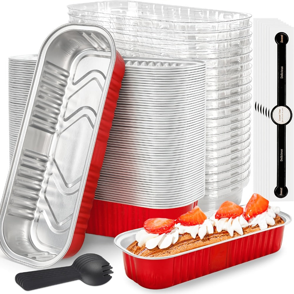Mini Cake Pans 100 Pack with Lids and Spoons Aluminum Foil Rectangular Disposable Baking Pans for Entryways, Bedrooms and Living Spaces
