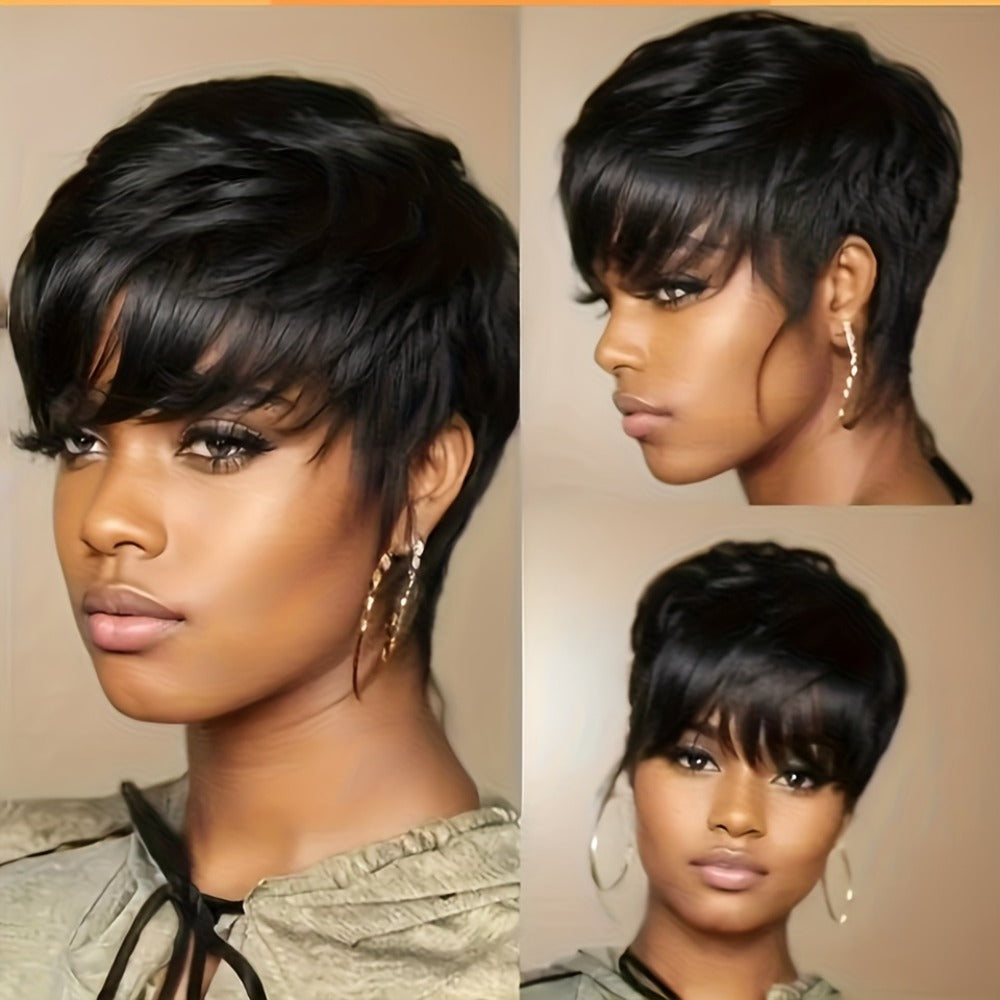 Straight Pixie Human Hair Wig with Bangs, Black 6-Inch Length and Approximately 22.5-Inch Cap