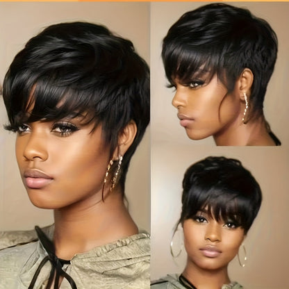 Straight Pixie Human Hair Wig with Bangs, Black 6-Inch Length and Approximately 22.5-Inch Cap