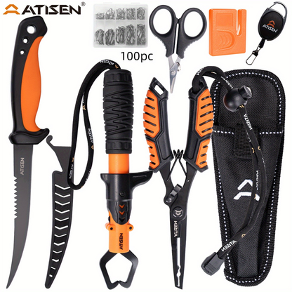 Fishing Knife Set 106PCS – Bait Knife, Luya Tongs, Knife Sharpener, Fishing Line Clippers & Anti-Loss Stretch Rope