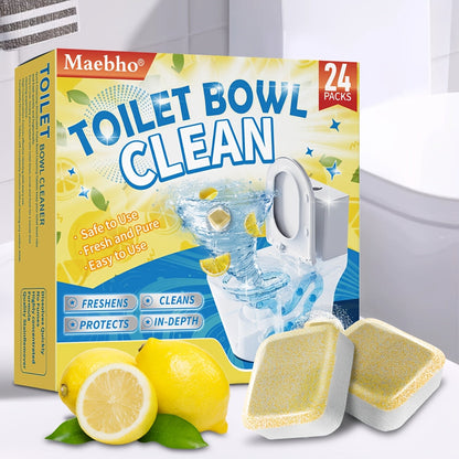 Yellow Toilet Bowl Cleaner Tablets with Lemon Graphics and 24-Piece Box Option in Pictured 10 x 14 cm Package