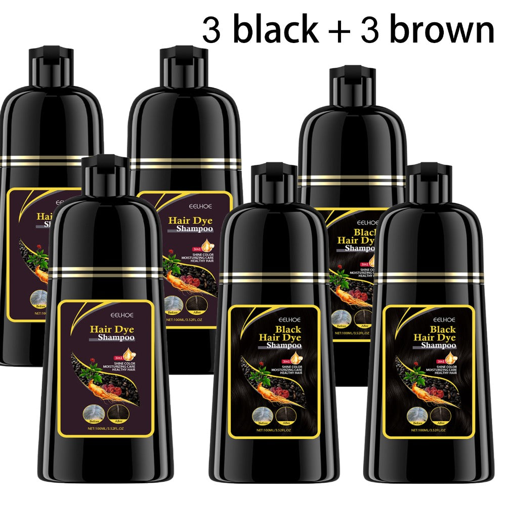 Hair Dye Shampoo 3-in-1 Color Conditioner Cooling Formula 6pcs Set – Black & Brown Gradual Gray Coverage, Unisex Long Hair Color Shampoo