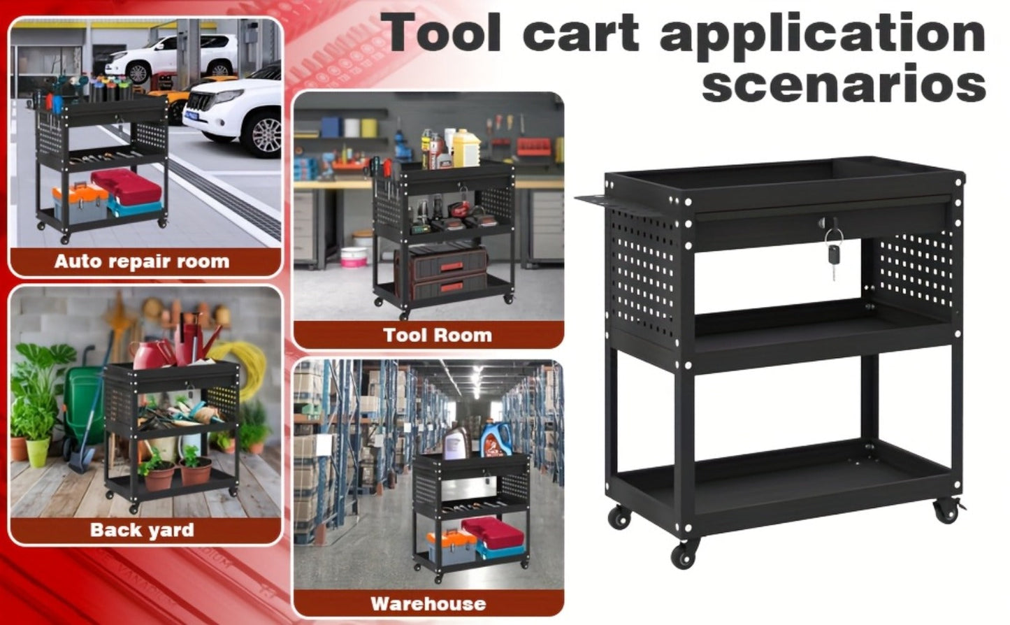 Rolling Tool Cart 3-Layer with Drawers & Screw Box Storage, Heavy-Duty Mechanic Trolley on Wheels for Garage Workshop Repair Shop