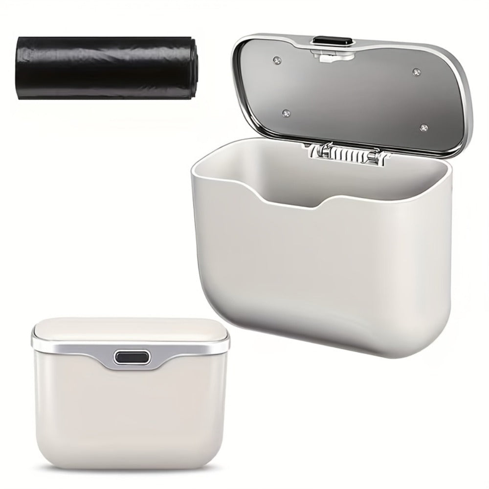 Slim Beige Car Trash Bin with Push Lid, Snap-On Mount, 17.1 cm Width and Included Liner Bags