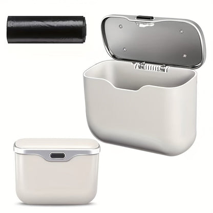 Slim Beige Car Trash Bin with Push Lid, Snap-On Mount, 17.1 cm Width and Included Liner Bags