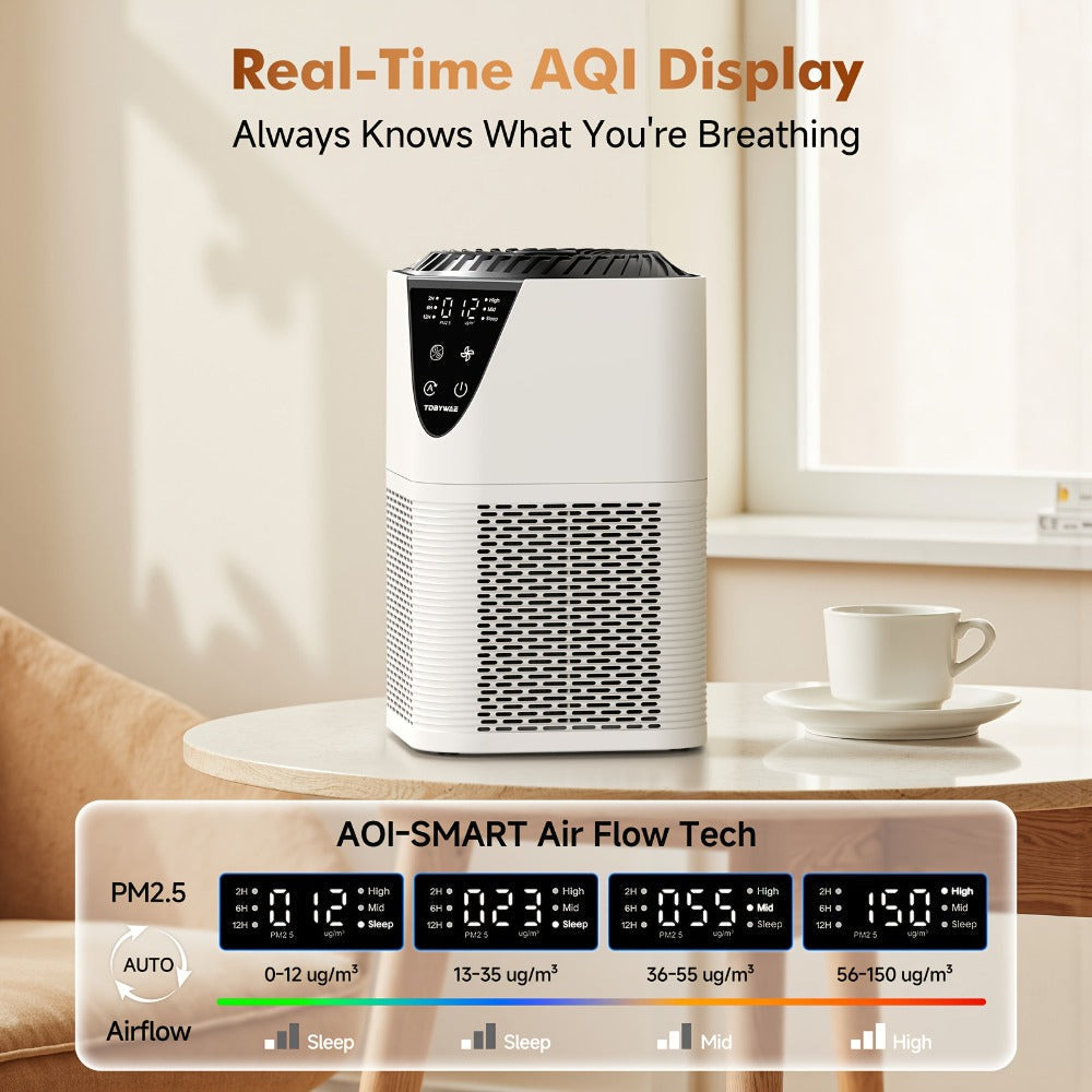 Air Purifier TDBYWAE MB-025 with H13 Three-Stage Filter, 1250 Sq Ft Source Value, PM2.5 LCD and 25dB Mode