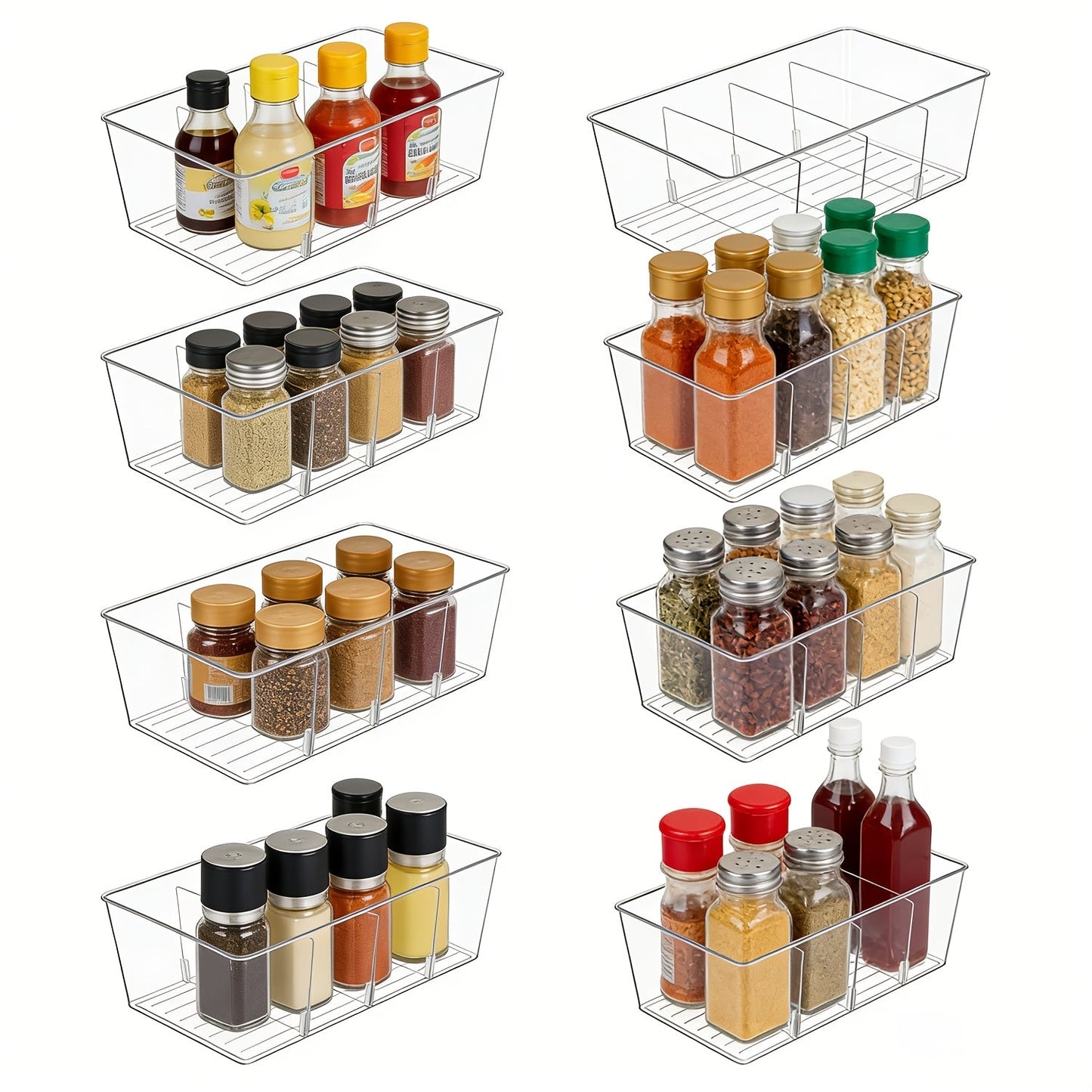 Clear Pantry Storage Bins Set of 8 with Dividers – Transparent Refrigerator Organizer Bins for Kitchen Cabinet, Pantry Organization