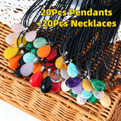 Crystal Pendant Necklace Set 40-Pack – Multicolor Water Droplet Artificial Crystal Pendants with Faux Leather Cord
