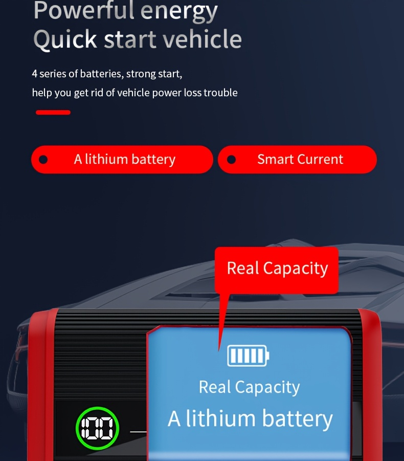 Lithium Jump Starter 3000A 8000mAh 12V Battery Pack USB-C Recharge Round LED Display for 6.0L Diesel for Garden, Patio and Yard Use