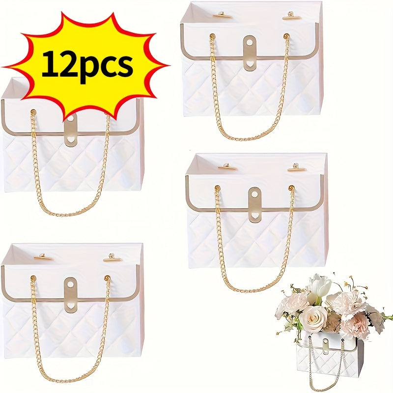 Paper Flower Bouquet Gift Bags with Metal Chain Handle Bulk – 12/24/36/48 Pcs Tote Bags for Wedding Party Birthday Florist Graduation