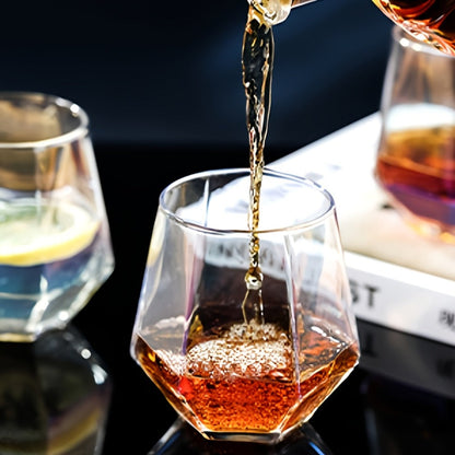 Six-Piece Iridescent Stemless Wine Glass Set with Faceted Bowls, Round Rims and Thick Clear Bases