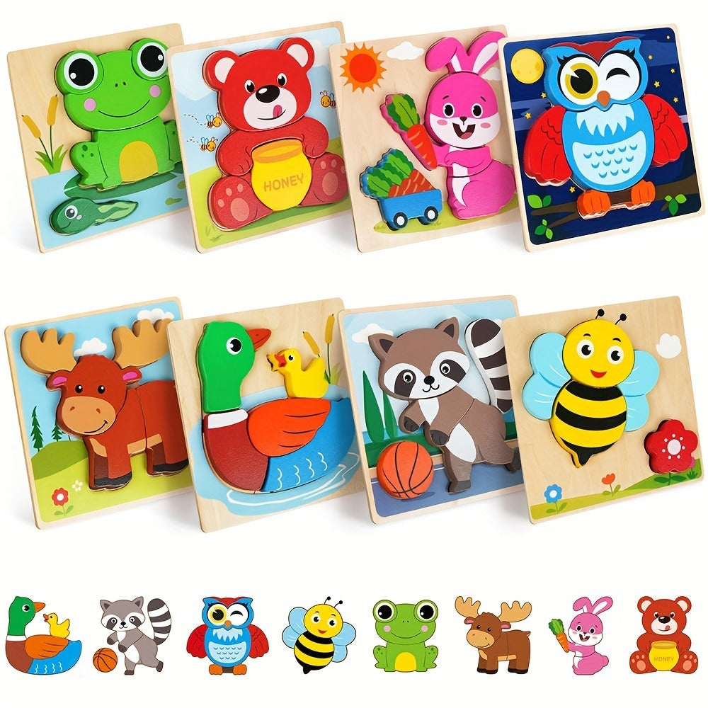 Baby Animal Wooden Puzzles for Toddlers 8 Pack, Infant Learning Toy 12 Months+, Bear Bunny Owl Frog Bee Duck Moose Raccoon