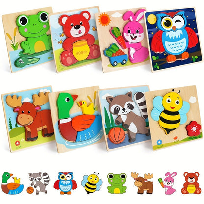 Baby Animal Wooden Puzzles for Toddlers 8 Pack, Infant Learning Toy 12 Months+, Bear Bunny Owl Frog Bee Duck Moose Raccoon