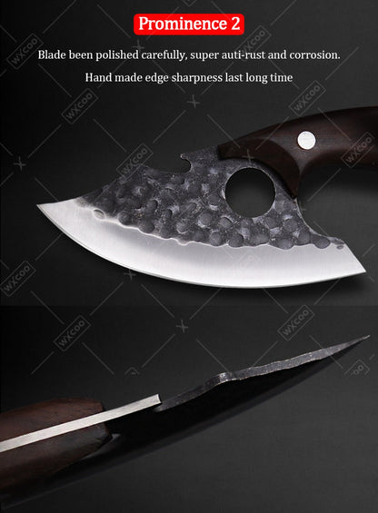 Viking Chef Knife Set 3/4pcs Hammered Stainless Steel Kitchen Knives – Boning, Utility & BBQ Knife with Wooden Handle for Cooking