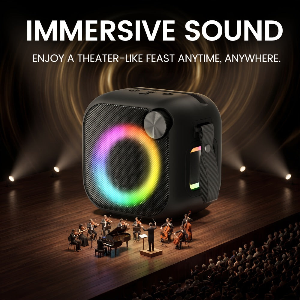 Portable Bluetooth Speaker 4-in-1 Compact Model with RGB Ring, Built-In Sling, Type-C, USB, TF, AUX and FM