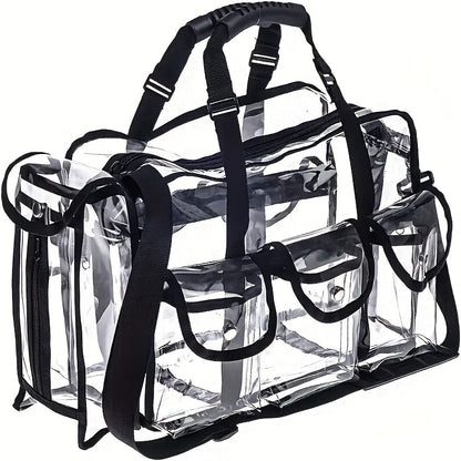 Stadium Approved Clear PVC Tote Bag Extra Large Transparent Shoulder Bag 3 External Pockets Adjustable Straps Waterproof for Men Women