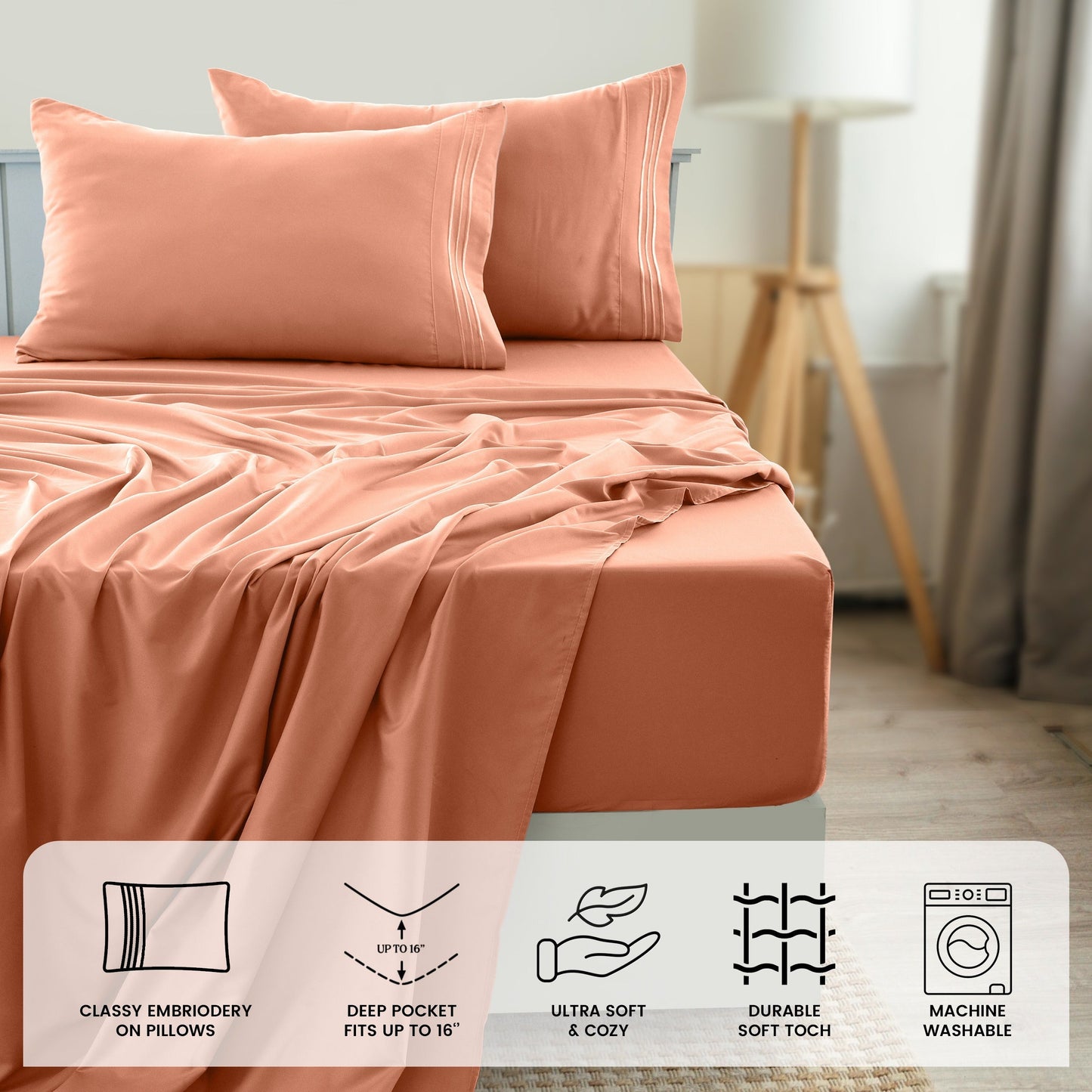 Fitted Sheet Set 6-Piece Brushed Polyester Deep Pocket Bed Sheets 20 Colors Hotel Luxury Bedding with Embroidered Pillowcases