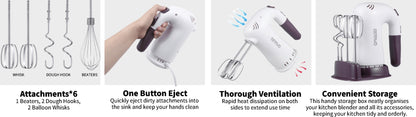 Hand Mixer Electric 400W with Storage Stand & 5-Speed Turbo Boost, 5 Stainless Steel Attachments for Baking Cream Cake Dough Cookie