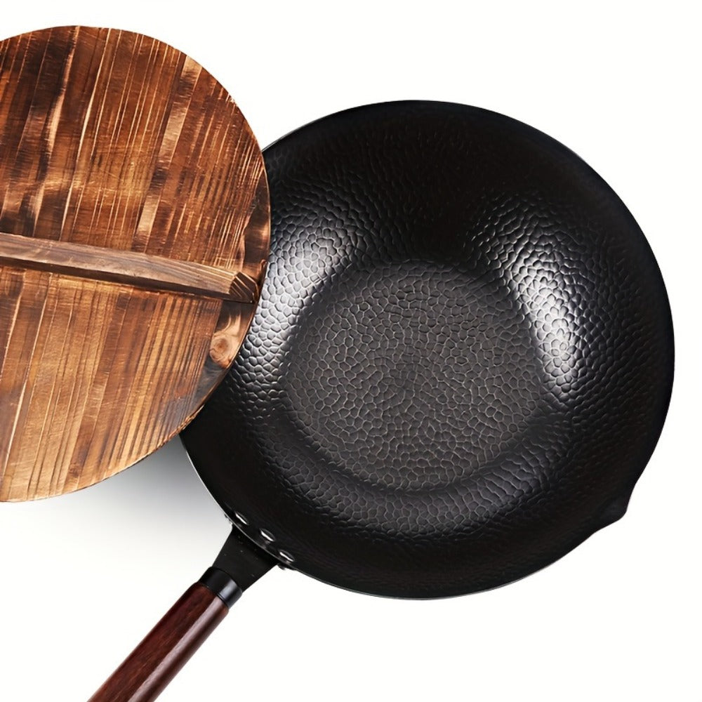 Carbon Steel Wok Pan 12.6 Inch with Lid & 10 Accessories, Uncoated Chinese Stir Fry Wok, Flat Bottom for Electric Induction Gas Stoves