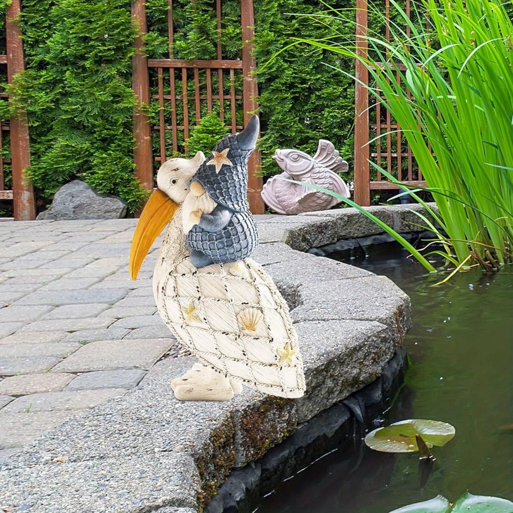 Pelican Gnome Figurine 11.5", Resin Coastal Beach Decor with Starfish & Seashell, Tabletop Statue for Home