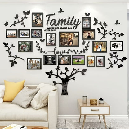 Family Tree Wall Sticker 3D Acrylic Photo Frame Collage – Removable Leaf-Shaped Picture Display with "Family" & "Love" Text