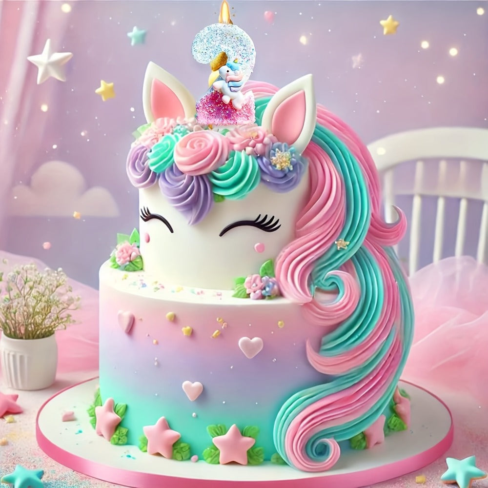 Unicorn Number Cake Topper 0-9 Birthday Party Decoration Glitter Figure Candle Topper for Entryways, Bedrooms and Living Spaces