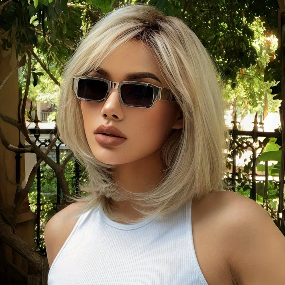 Synthetic Wig 16-Inch Mixed White-Golden Straight Style with Adjustable Rose Net Cap for Costume Looks