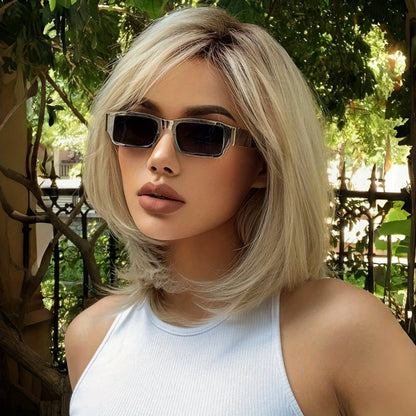 Synthetic Wig 16-Inch Mixed White-Golden Straight Style with Adjustable Rose Net Cap for Costume Looks