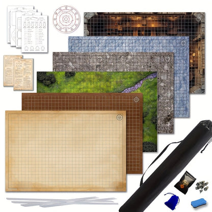 DnD Beginner Set 6 Double-Sided Terrain Maps 24x36 with Mystery Dice, Character Sheets, Cheat Sheets, Spell AOE Template