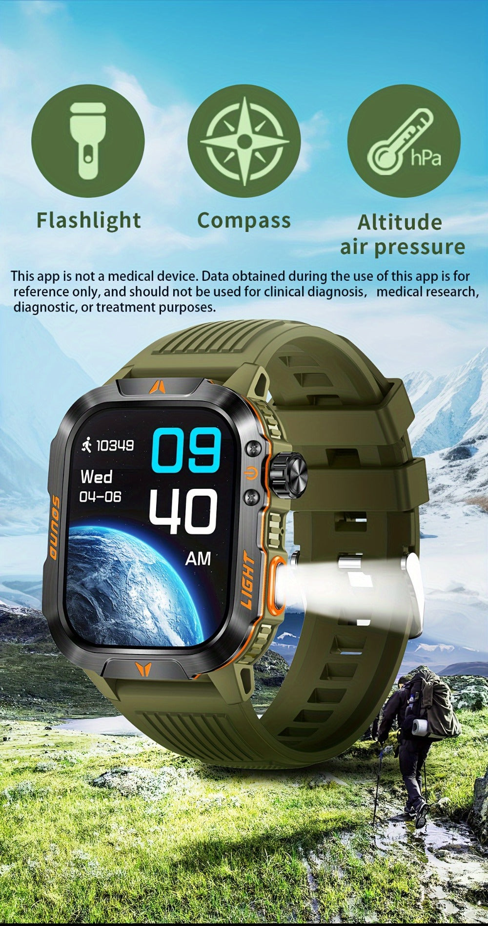Smart Watch 2.01-Inch Rugged Display with Compass, LED Flashlight, Calling and Three Strap Combinations