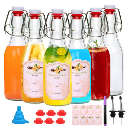 Glass Swing Top Bottles 8.45oz, Round Iron Clasp Airtight Bottle Set with Funnel for Juice, Kombucha