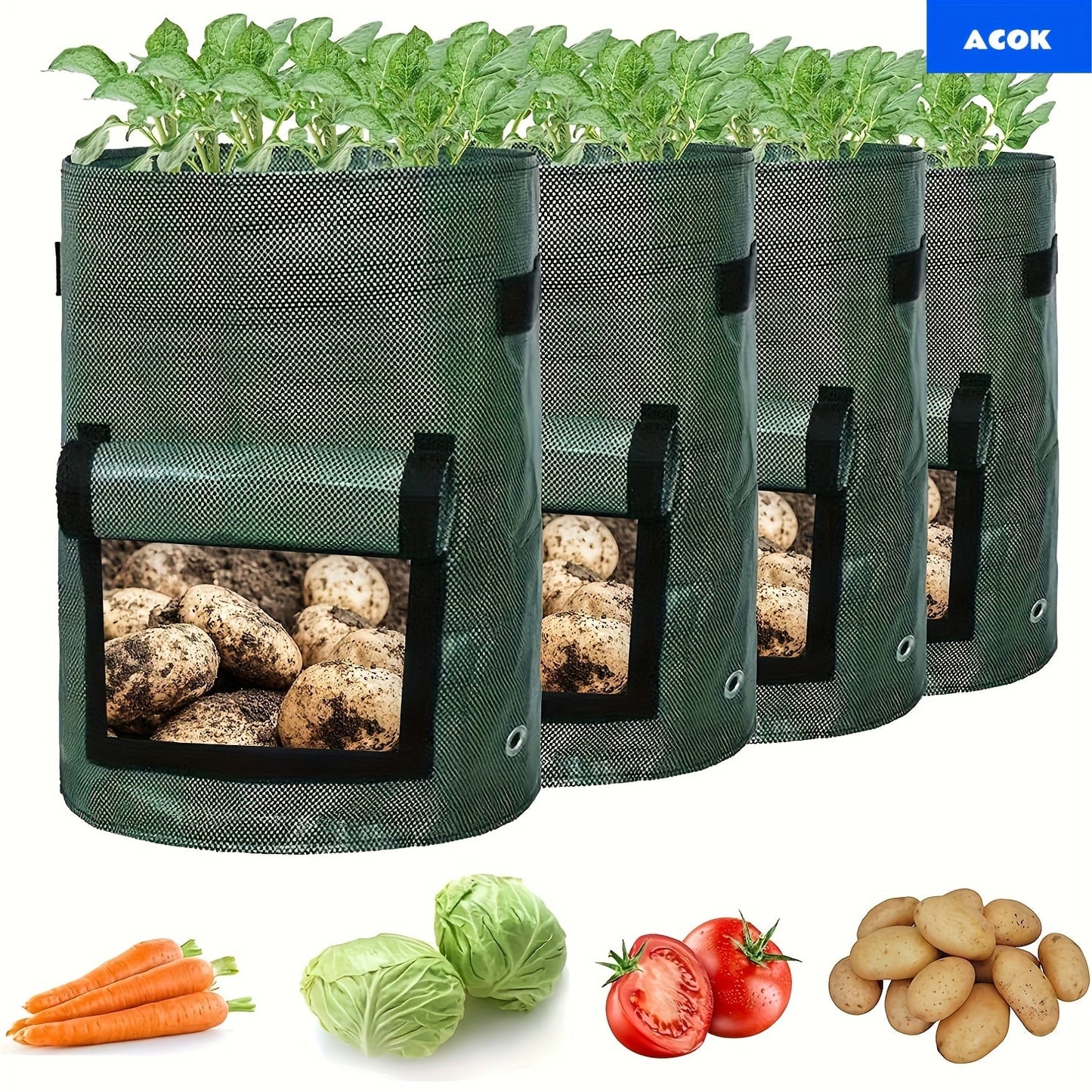 Four Green 7-Gallon-Labeled Potato Grow Bags with Side Harvest Flaps and Carry Handles for Container Planting