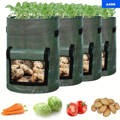Four Green 7-Gallon-Labeled Potato Grow Bags with Side Harvest Flaps and Carry Handles for Container Planting