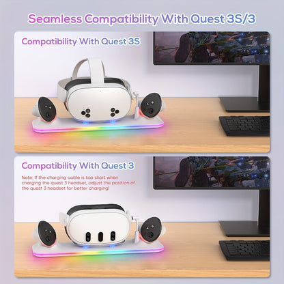 Meta Quest 3S / Quest 3 Charging Dock, PD 18W Fast Charging Station with RGB Light, Magnetic Charger Stand for Headset & Controllers