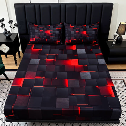 Fitted Sheet Set 3pcs Plaid Digital Print Deep Pocket 15" All Season Bed Sheet + 2 Pillowcases No Filling Twin Full Queen King