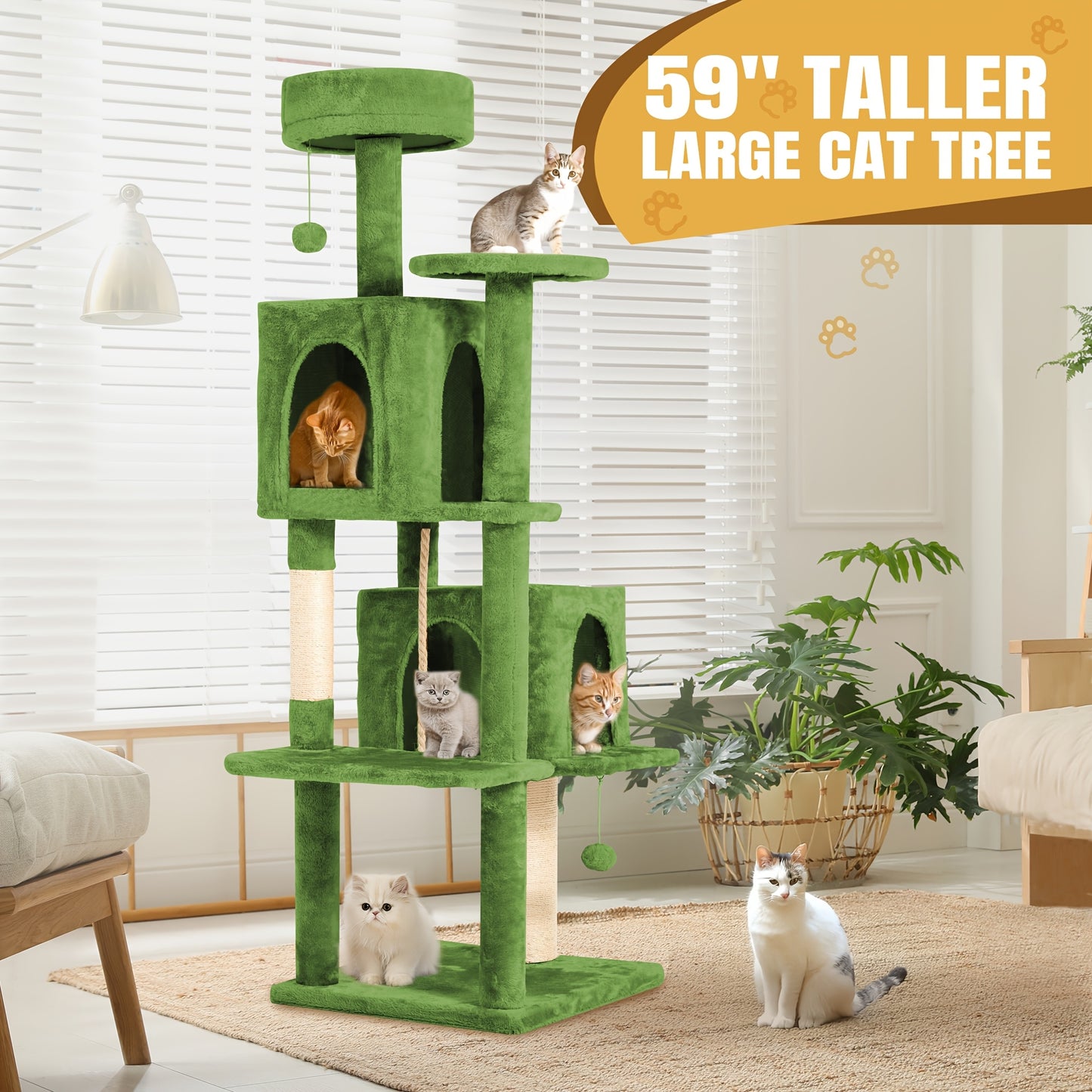 Cat Tree Tower 59 Inch Large Multi-Level Cat Tower for Indoor Cats with Plush Resting Area, Sisal Scratching Post & Hanging Ball Toy