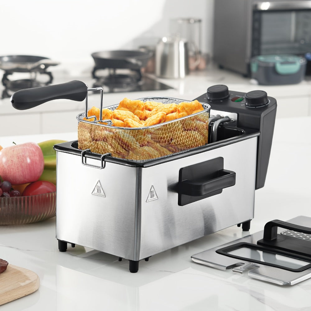 Electric Deep Fryer 1700W, Large Deep Fryer with Adjustable Time & Temperature Control, Stainless Steel Frying Basket