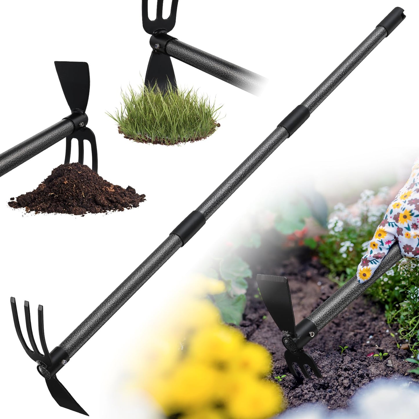60-Inch Garden Hand Tool with Double-Ended Flat Hoe, Three-Prong Cultivator and Sectional Handle