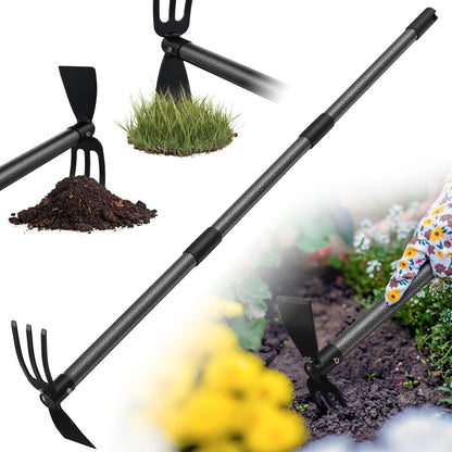 60-Inch Garden Hand Tool with Double-Ended Flat Hoe, Three-Prong Cultivator and Sectional Handle