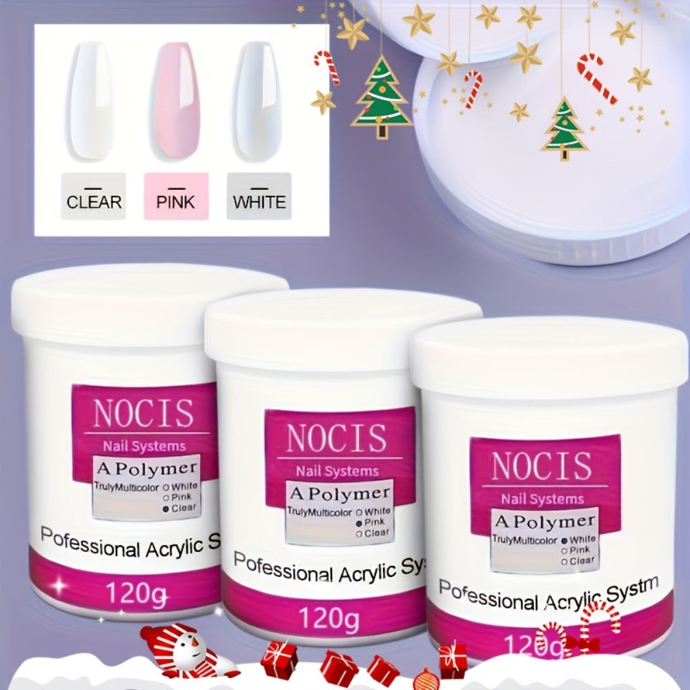 No Lamp Acrylic Nail Extension Powder 120g Clear Pink White, Crystal Formula for Carving 3D Nail Art
