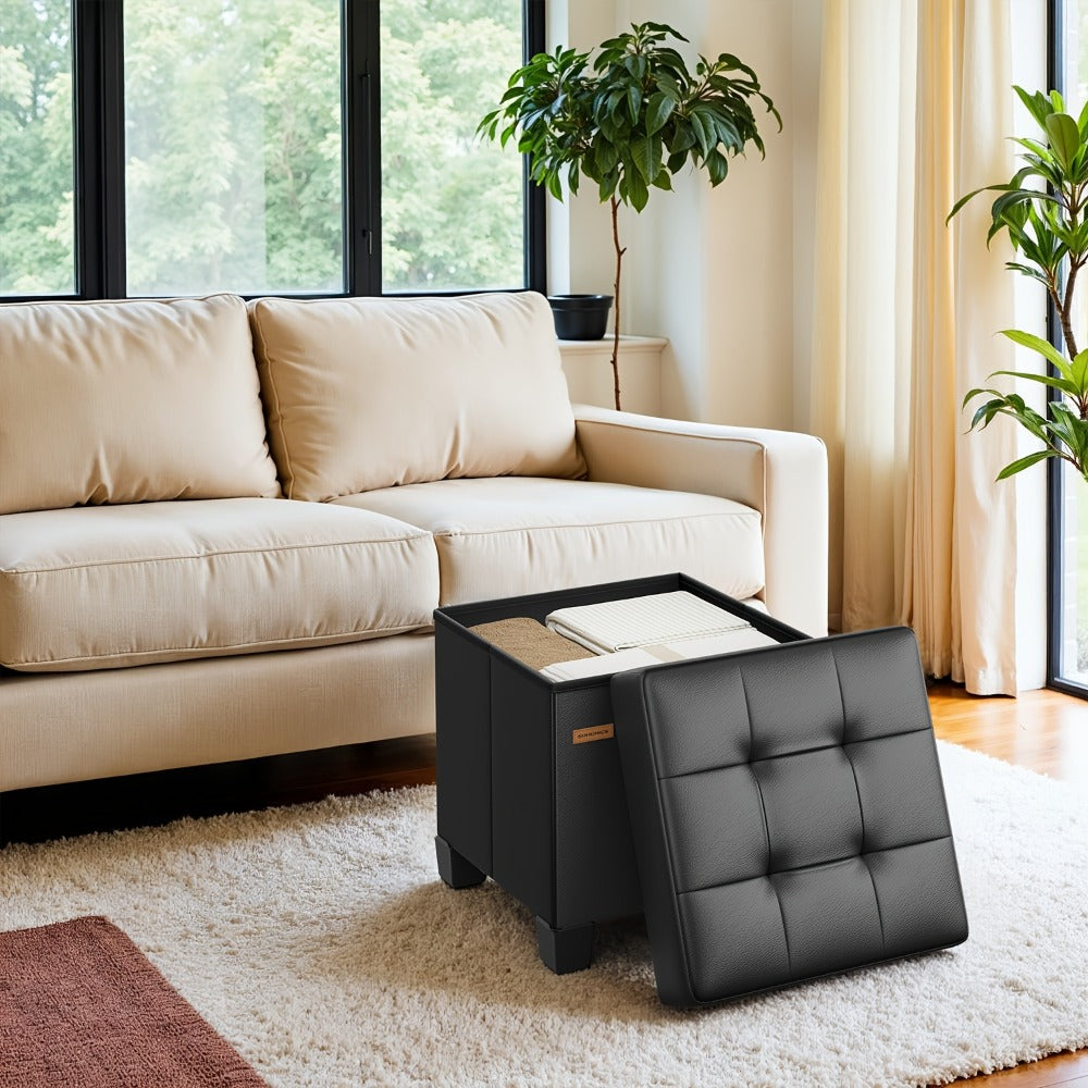 37L Faux Leather Storage Ottoman Cube with Lift-Off Lid, Short Legs and Black or White Finish