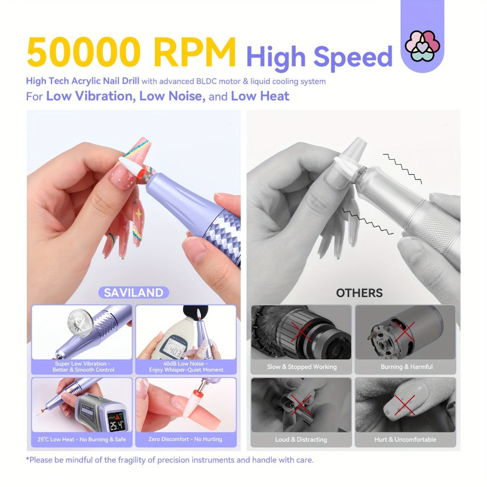 Electric Nail Drill SAVILAND Purple 50, 000 RPM Rechargeable E-File with Display, Forward-Reverse and Accessory Kit